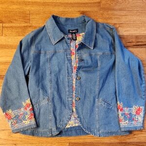Denim&Co Woman Plus Size Blue Jean Jacket with Floral Accents Size 1X